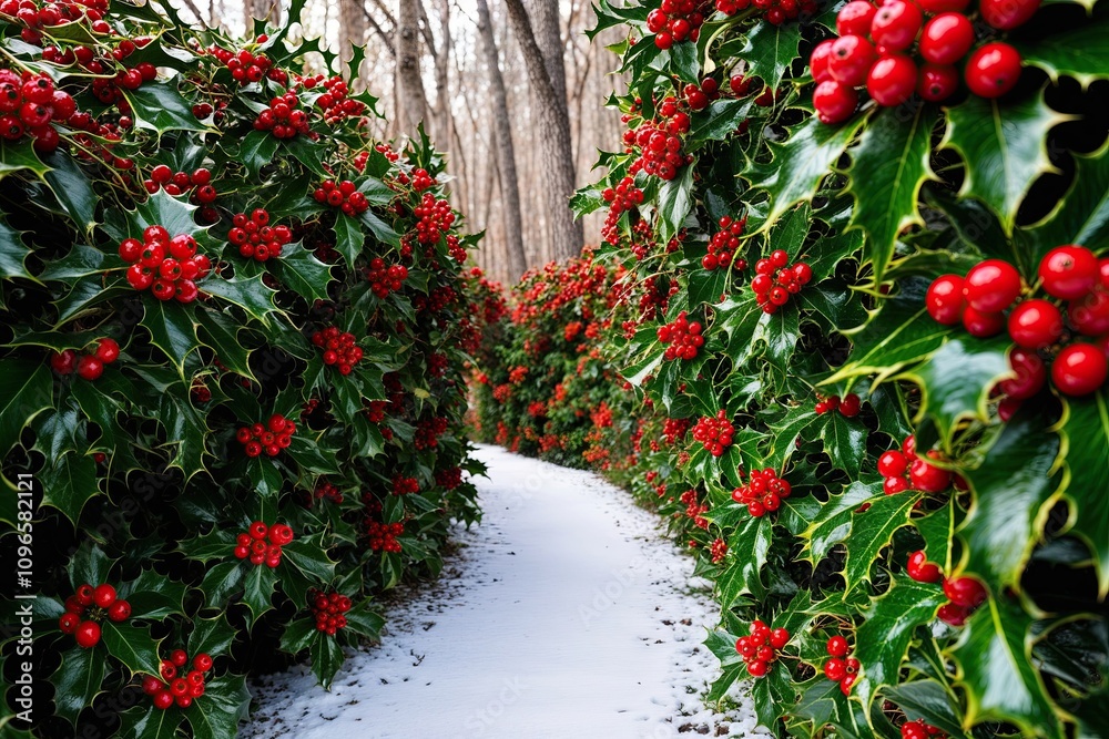 Naklejka premium Serene Holly Trail with Beautiful Red Berries and Organic Winter Elegance