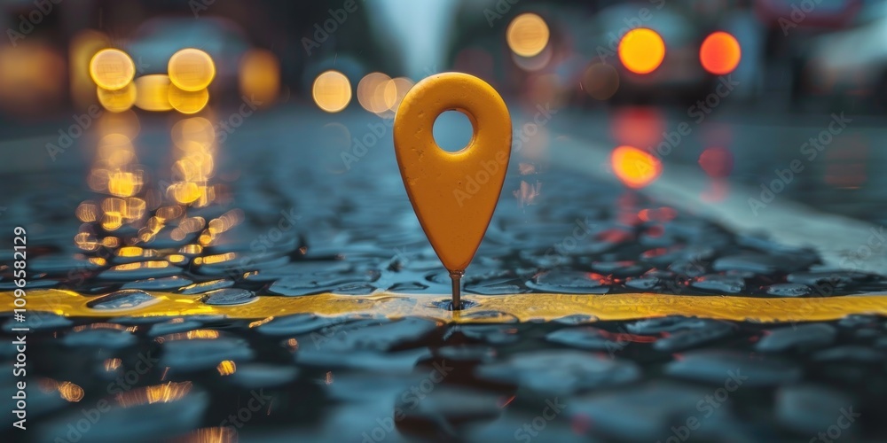 Yellow Pin on Wet Asphalt with Bokeh Lights Yellow Pin on Wet Asphalt with Bokeh Lights