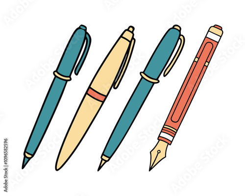 Creative Stationery Illustration Set with Pens and Pencils.