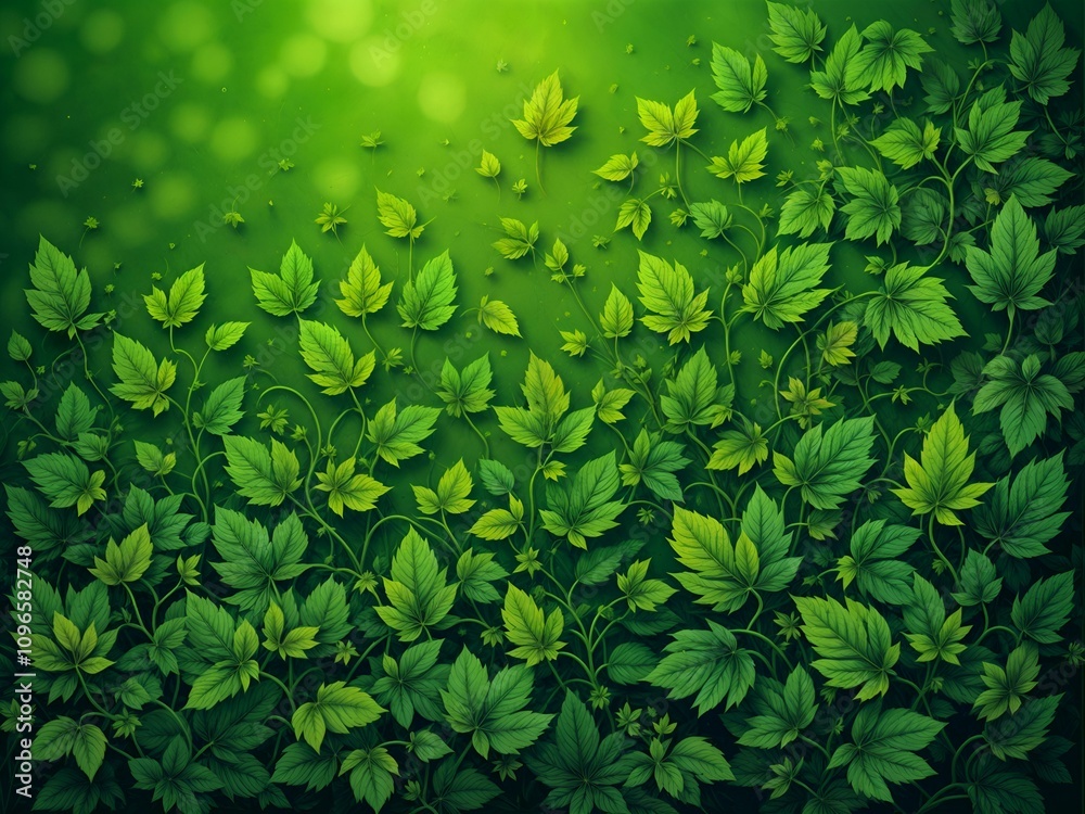 A detailed view of lush green leaves against a blurred green backdrop, showcasing varying shades and textures, suggesting a thriving natural environment.