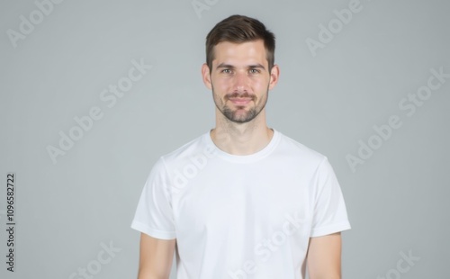 Young man in blank oversize t-shirt mockup front and back used as design template, isolated on white background with clipping path.