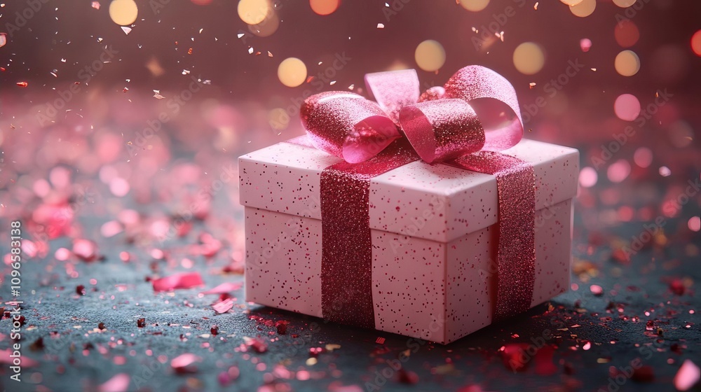 Pink Gift Box with Red Bow Festive Glitter Celebration Pink Gift Box with Red Bow Festive Glitter Celebration