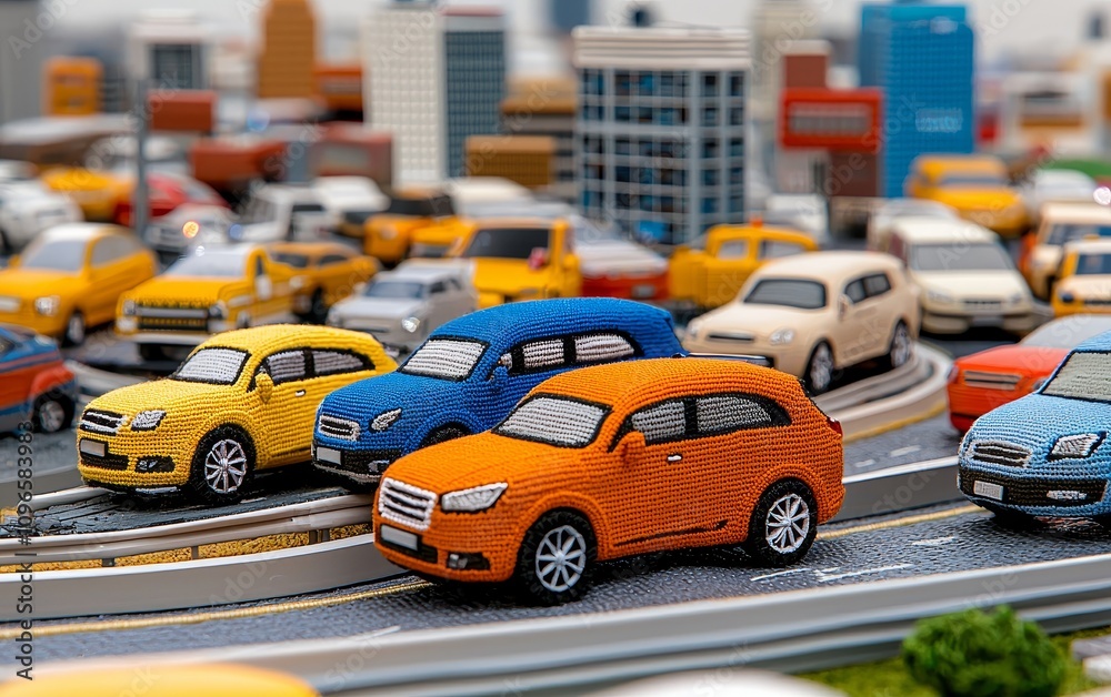 Colorful Knitted Car Traffic Jam Cityscape Miniature Colorful Knitted Car Traffic Jam Cityscape Miniature