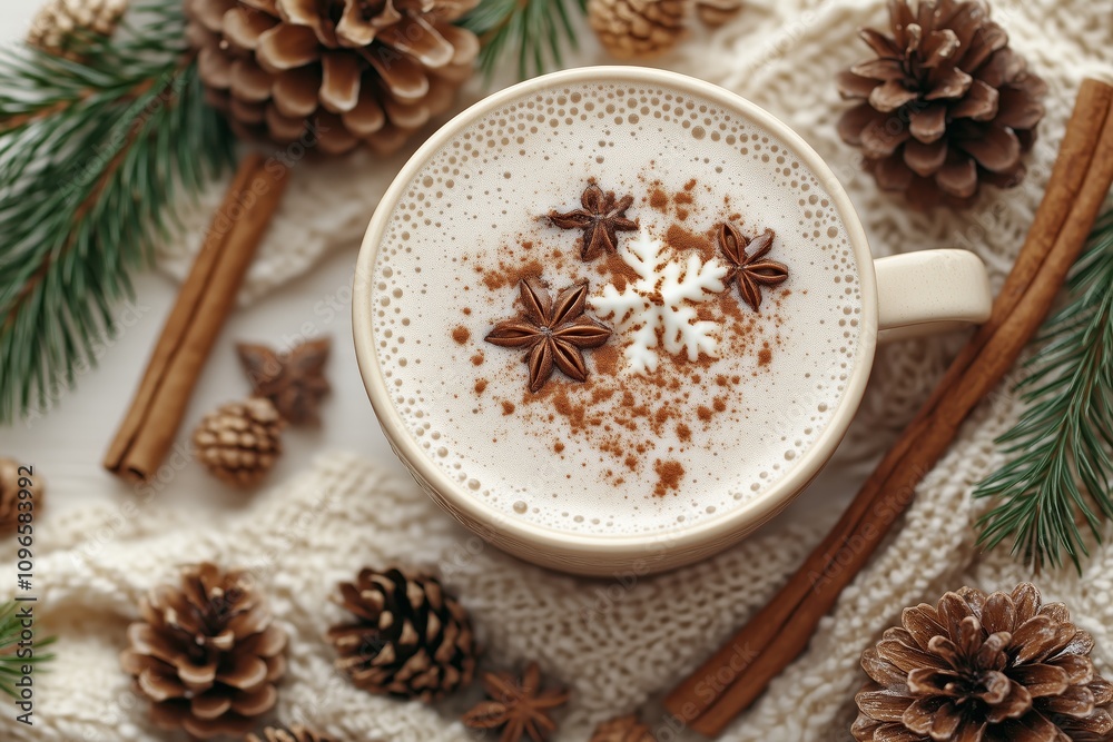 flat lay composition featuring hot chocolate, pine cones, cinnamon sticks and white tablecloth. flat lay composition featuring hot chocolate, pine cones, cinnamon sticks and white tablecloth.