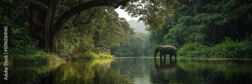 Majestic elephant peacefully standing in a lush and green jungle river; vibrant and breathtaking natural setting creates a serene, wildlife-rich composition.