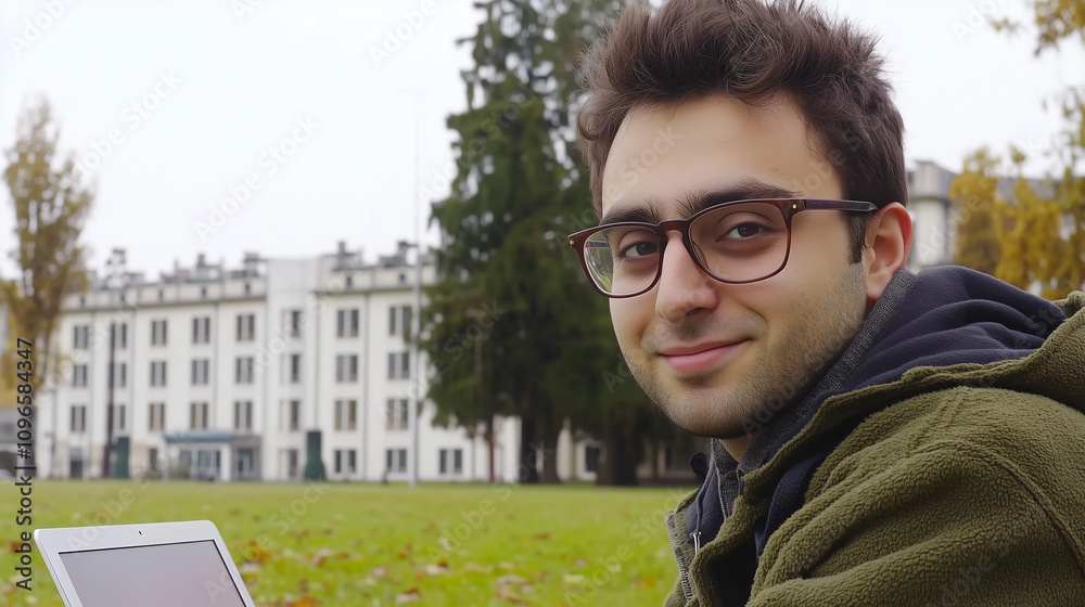 Handsome University Student With Glasses Smiling While Studying on a Laptop Amidst Beautiful Campus Surroundings