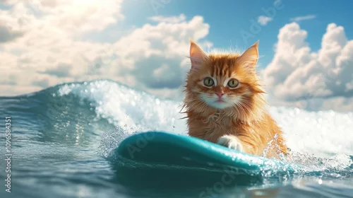 Fototapeta Fluffy Ginger Cat Riding a Surfboard on the Ocean Waves Under a Bright Blue Sky with White Clouds