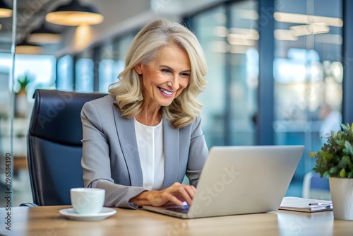 Happy busy mature business woman entrepreneur in office using laptop at work, smiling professional middle aged female company executive manager working looking at computer at workplace