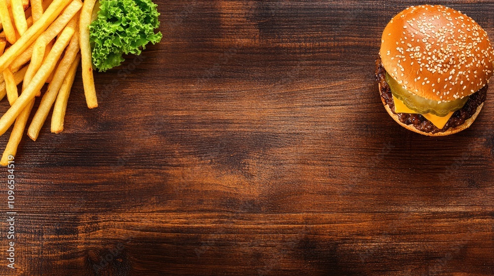 Top view of a classic cheeseburger with fries on a wooden table. Copy space available. Top view of a classic cheeseburger with fries on a wooden table. Copy space available.