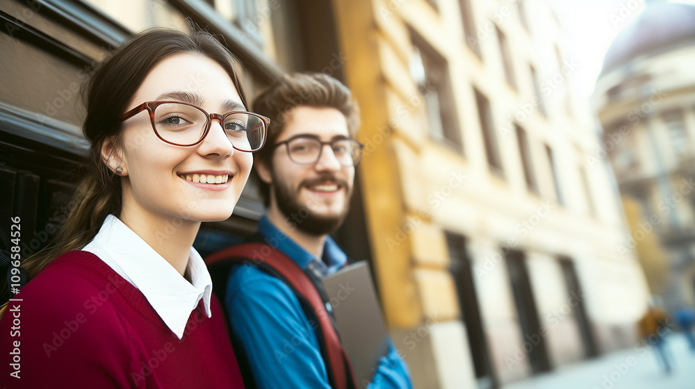 Smiling University Students Enjoying a Sunny Day on Campus With Modern Architecture in the Background