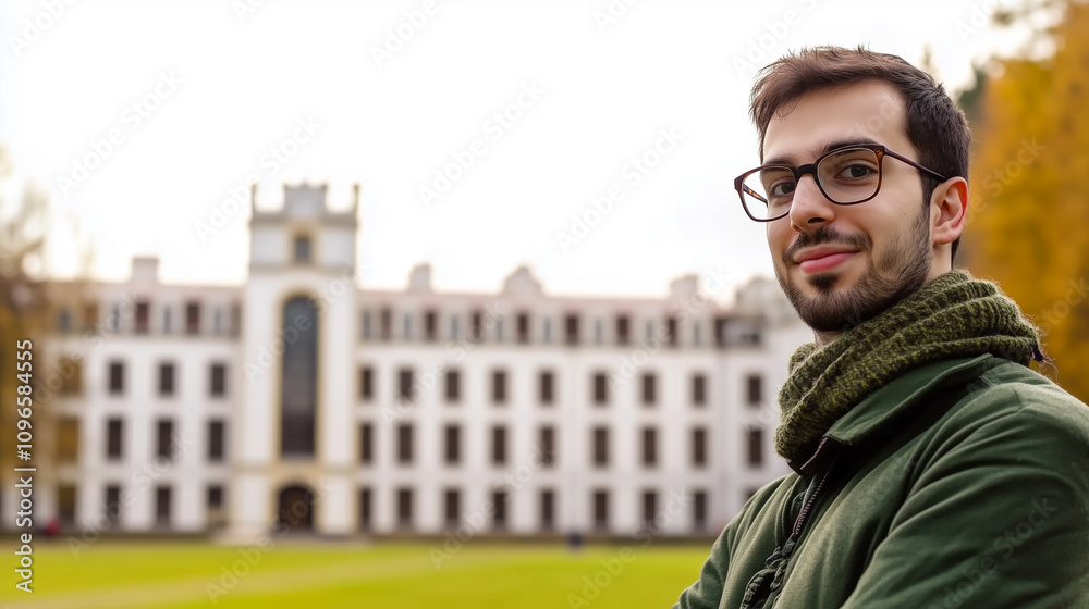 University Student Smiling Confidently With Glasses Against a Historic Campus Backdrop in Autumn