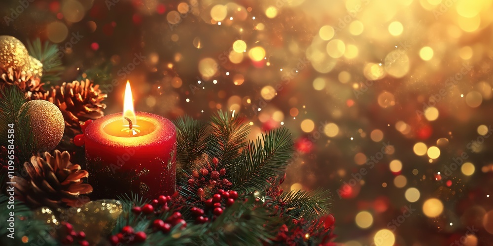 Festive red candle surrounded by pine branches Festive red candle surrounded by pine branches
