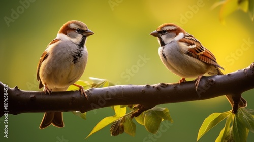 A Pair of Sparrows Perched Comfortably on a Branch Against a Soft Green and Yellow Background, Capturing the Beauty of Nature and Avian Companionship