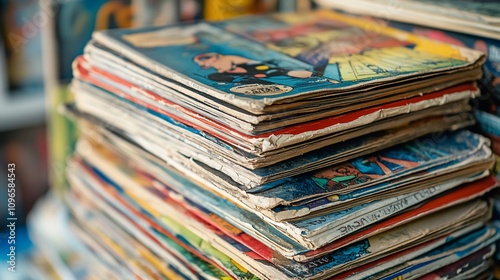 Stack of vintage comic books with worn covers.