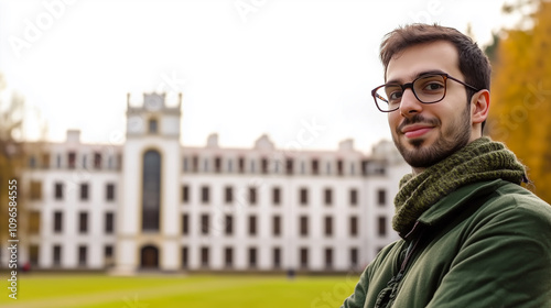 Obraz na płótnie University Student Smiling Confidently With Glasses Against a Historic Campus Backdrop in Autumn w salonie