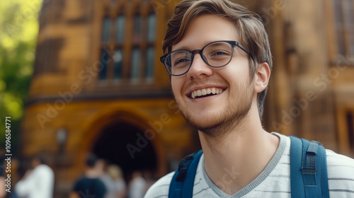 Young University Student Enjoys a Sunny Day on Campus While Smiling and Showcasing His Stylish Glasses