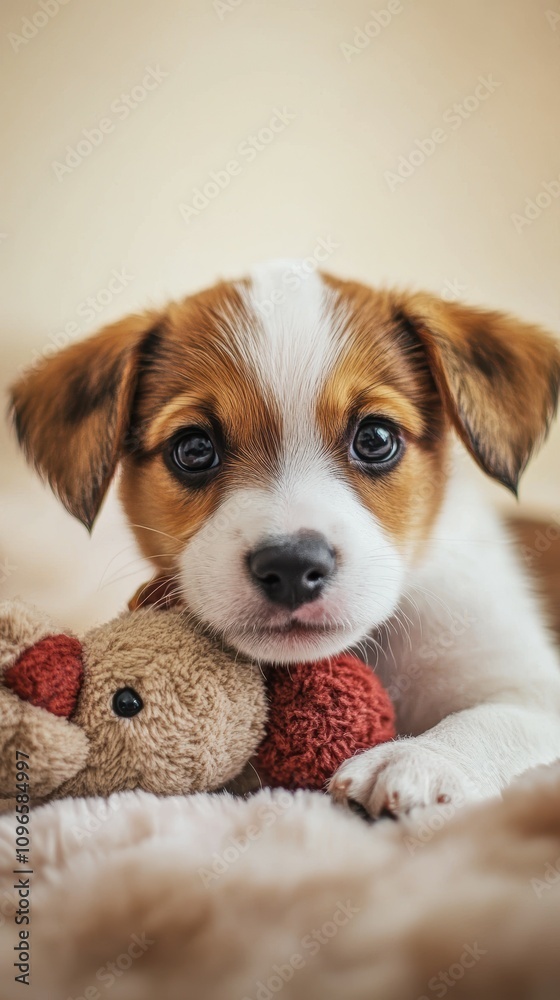 Adorable Puppy with Toy Lying on Warm Cream Background