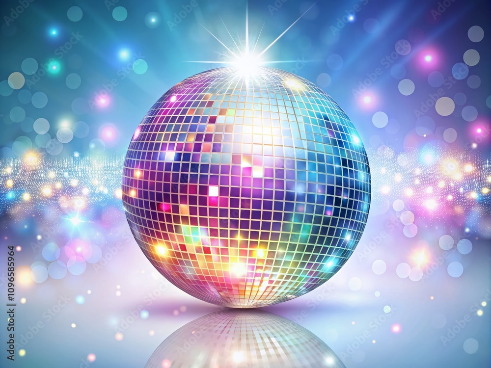 Close-Up Flat Holographic Disco Ball with Glowing Light Beams and Reflections on White Background for Creative Projects and Designs Close-Up Flat Holographic Disco Ball with Glowing Light Beams and Reflections on White Background for Creative Projects and Designs