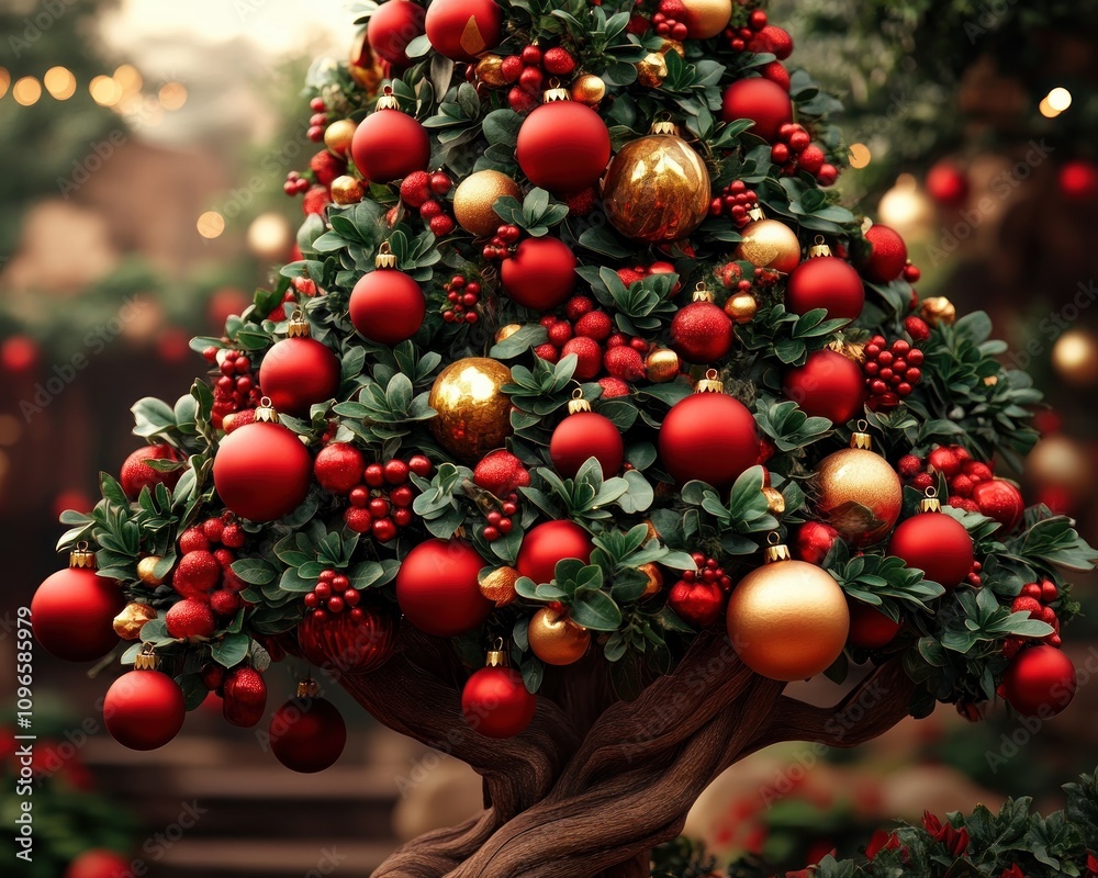 Fototapeta premium A Festive Tree Adorned with Red and Gold Ornaments Symbol of Joy, Unity, and Holiday Cheer During Festive Celebrations This image showcases a beautifully decorated tree, representing the spirit of