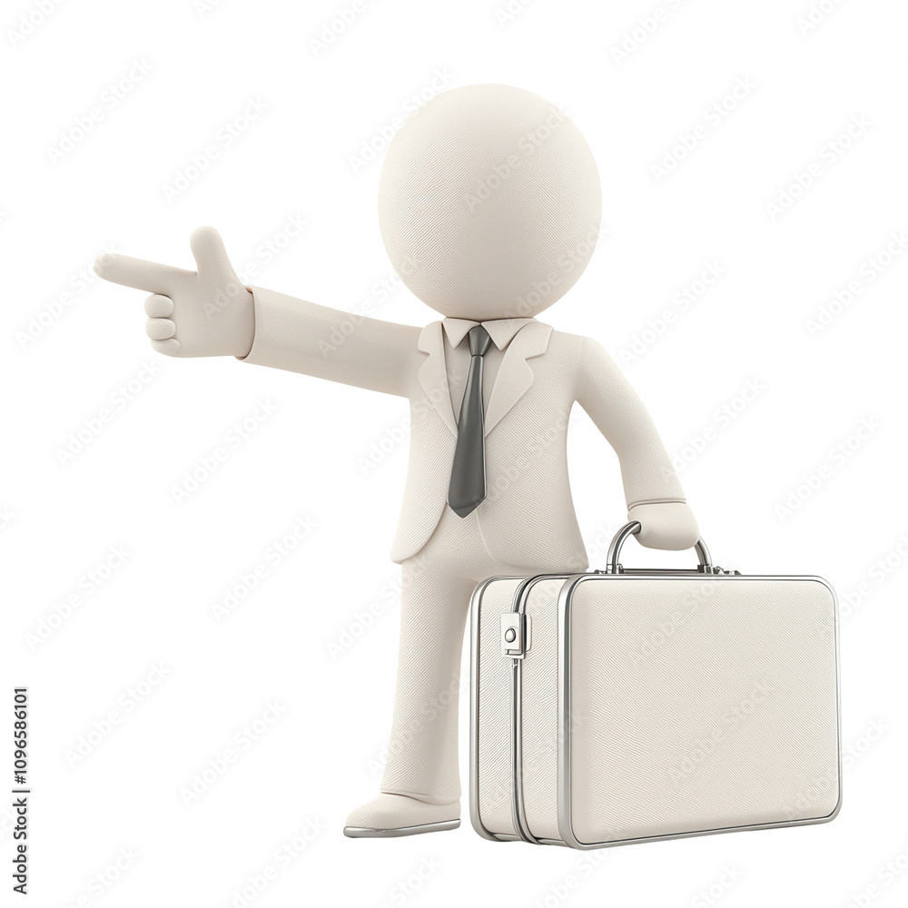 A 3D character in a suit pointing confidently while holding a briefcase, symbolizing professionalism and success in business settings. A 3D character in a suit pointing confidently while holding a briefcase, symbolizing professionalism and success in business settings.