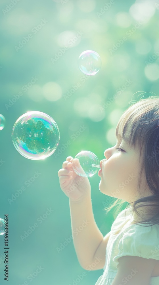 Young Child Blowing Bubbles in a Pastel Green Background Young Child Blowing Bubbles in a Pastel Green Background