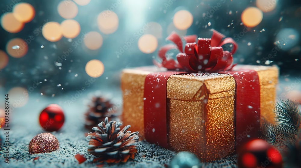 Festive Gold Gift Box with Red Ribbon Snowy Scene Winter Holiday Festive Gold Gift Box with Red Ribbon Snowy Scene Winter Holiday