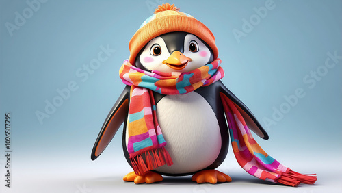 A cute cartoon-style penguin with a vibrant scarf, no background, high detail 