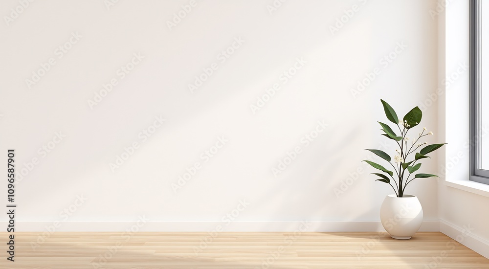 Empty room with wooden floor and a plant in the corner. Empty room with wooden floor and a plant in the corner.