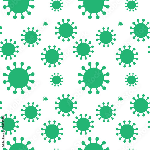 Pattern of green virus-like shapes on a black background, resembling virus structures with circular centers and protruding spikes. 