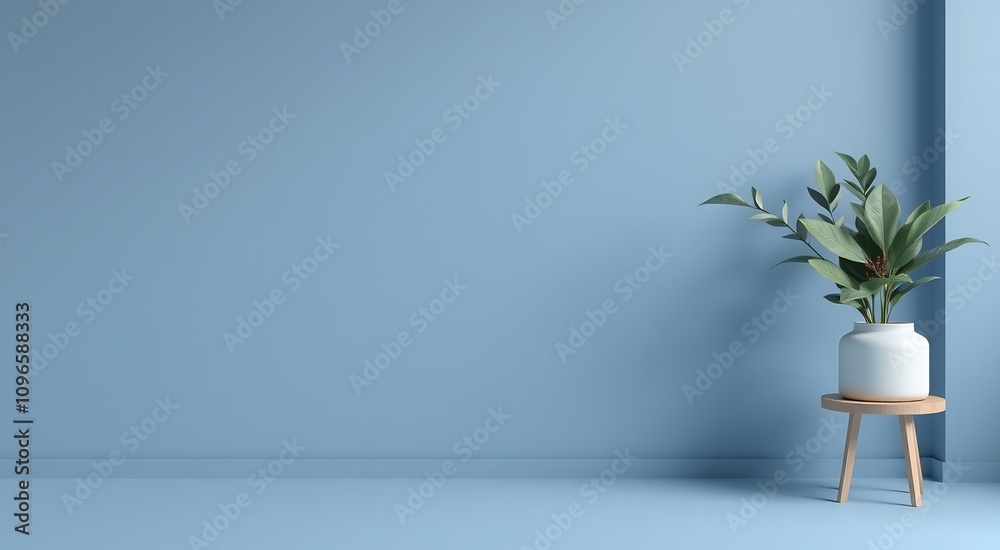 A single house plant in a white pot sitting on a wooden stool against a light blue wall. A single house plant in a white pot sitting on a wooden stool against a light blue wall.