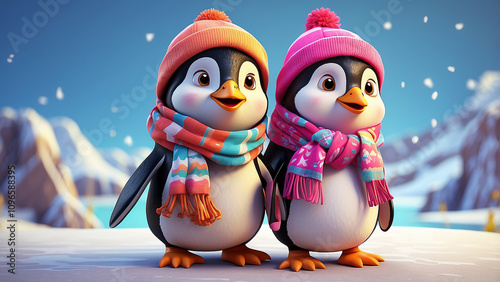 A cute cartoon-style penguin with a vibrant scarf, no background, high detail 