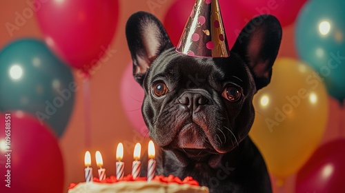 Adorable Black French Bulldog Celebrating Birthday with Colorful Balloons and Cake Topped with Candles for a Joyful Celebration Moment