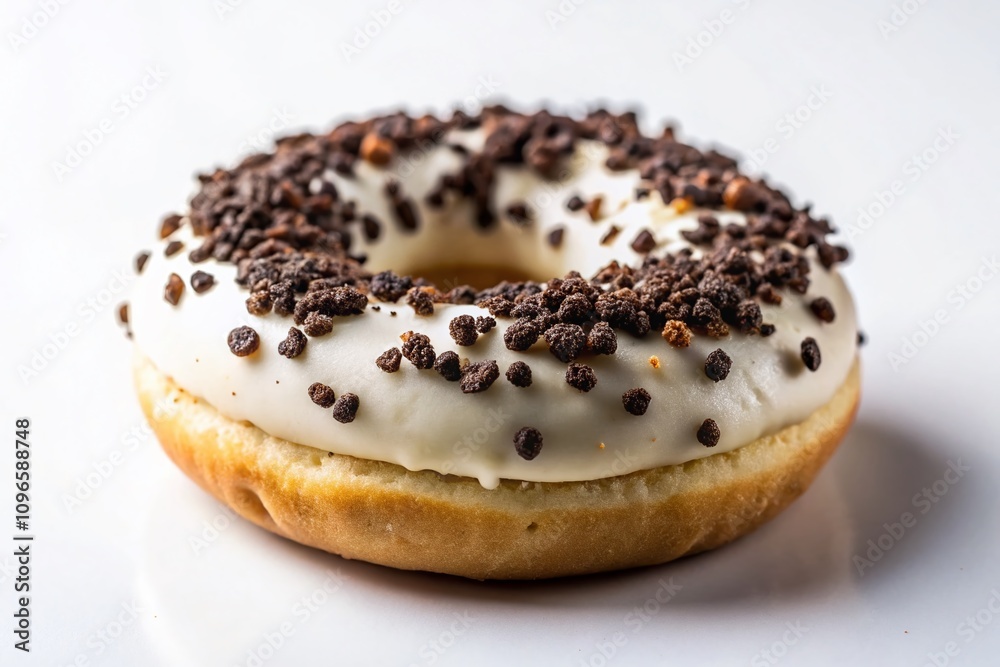 Close-Up of a White Chocolate Glazed Donut with Dark Cookie Crumbs and Cream Filling, Isolated on a White Background for Sweet Treat Enthusiasts Close-Up of a White Chocolate Glazed Donut with Dark Cookie Crumbs and Cream Filling, Isolated on a White Background for Sweet Treat Enthusiasts