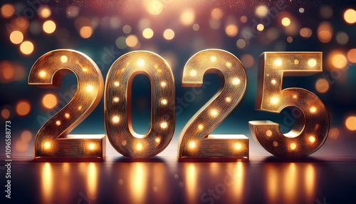 Happy New Year 2025 text on a festive background. Christmas postcard background