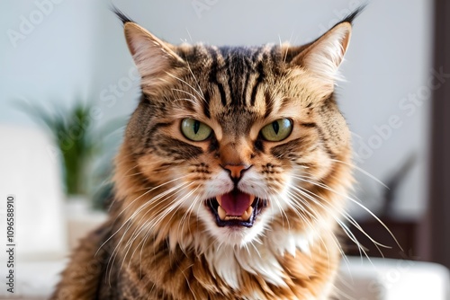 Wallpaper Mural Cat with a furious face against a blurred living room background with copy space. Angry cat at home. Torontodigital.ca