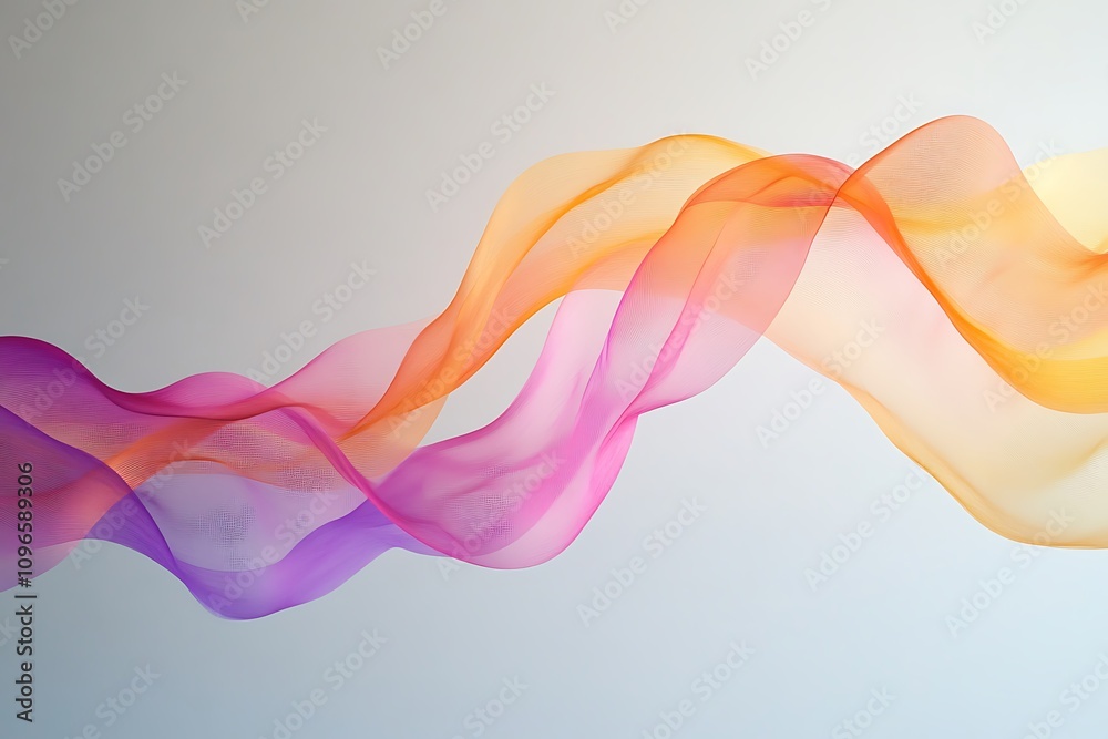 A flowing, colorful wave of translucent fabric in shades of pink, orange, and purple. A flowing, colorful wave of translucent fabric in shades of pink, orange, and purple.