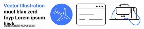 Airplane inside blue circle, webpage outline, and luggage with handle and strap. Ideal for travel blogs, booking sites, airport guides, travel agencies, packing tips, airline websites, tourism