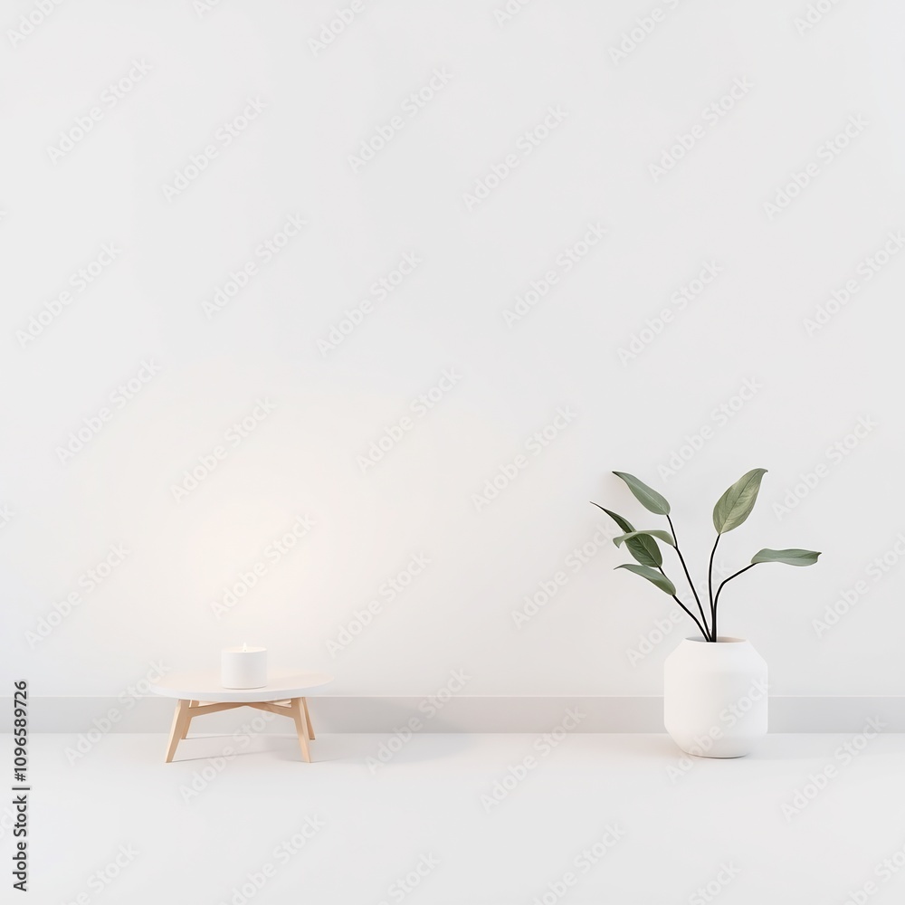 Minimalist white room with a small table, candle, and plant. Minimalist white room with a small table, candle, and plant.