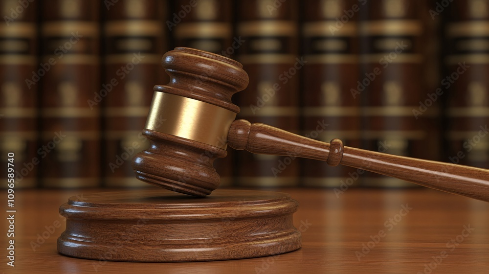 Wooden Gavel on a Courtroom Desk with Law Books in the Background Wooden Gavel on a Courtroom Desk with Law Books in the Background
