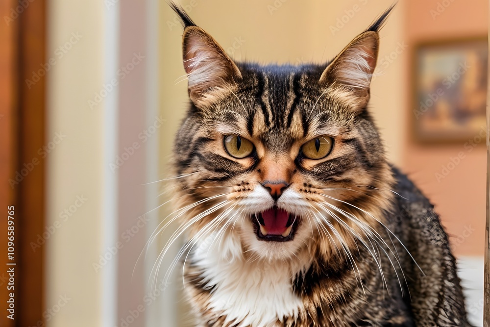 Cat with a furious face against a blurred living room background with copy space. Angry cat at home. Cat with a furious face against a blurred living room background with copy space. Angry cat at home.
