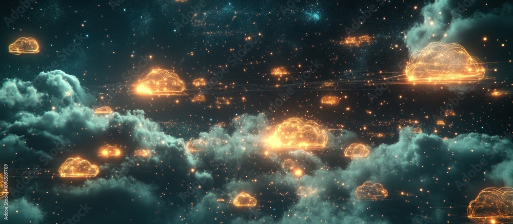 Fototapeta premium Glowing cloud formations in a dark, starry night sky.