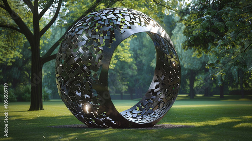 Urban Park Sculpture Made of Recycled Metal: A striking public sculpture composed of recycled metal graces a vibrant urban park, emphasizing creativity in material reuse photo