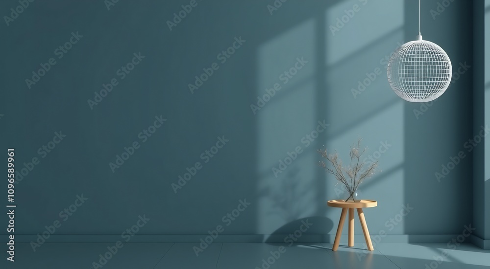 Minimalist interior design with a blue wall, a wooden stool, and a hanging globe light.