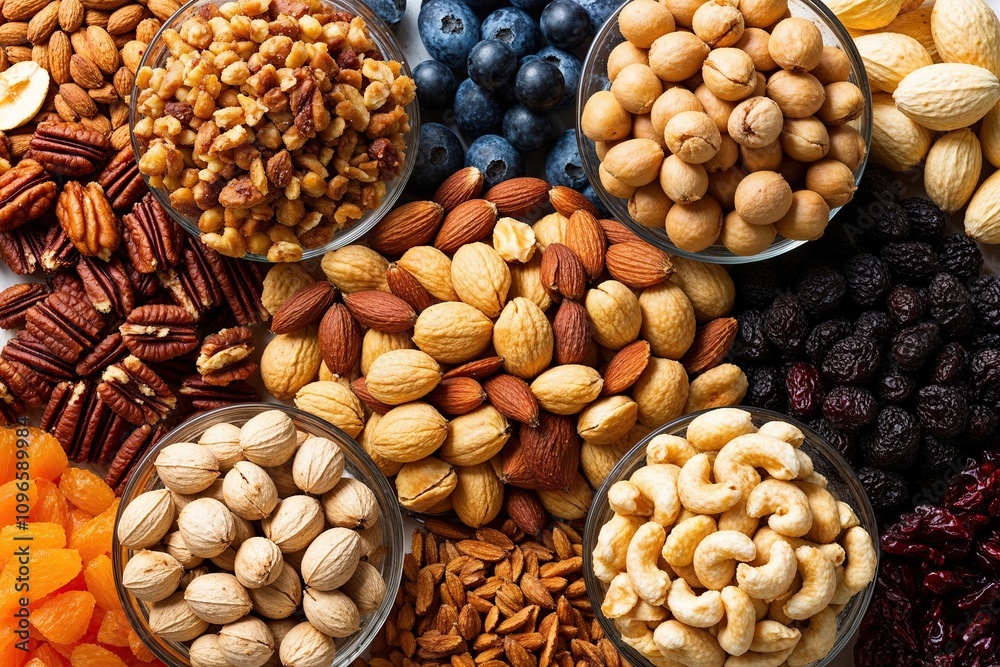 Gourmet Nuts and Dried Fruits Display on Clean Background Gourmet Nuts and Dried Fruits Display on Clean Background