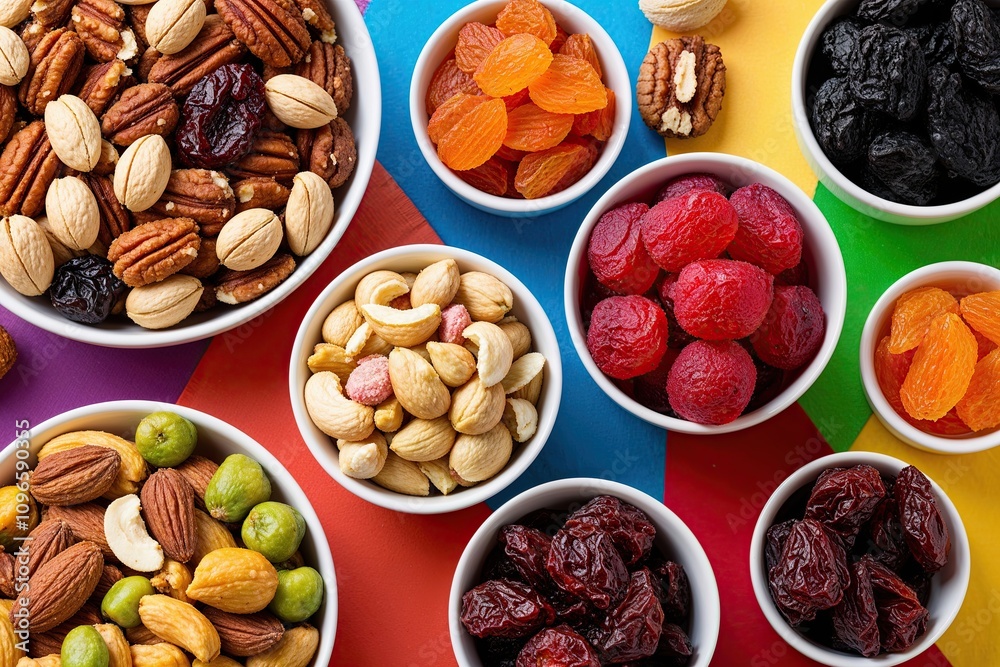Vibrant Mixed Nuts and Sweet Dried Fruits on a Colorful Background Vibrant Mixed Nuts and Sweet Dried Fruits on a Colorful Background