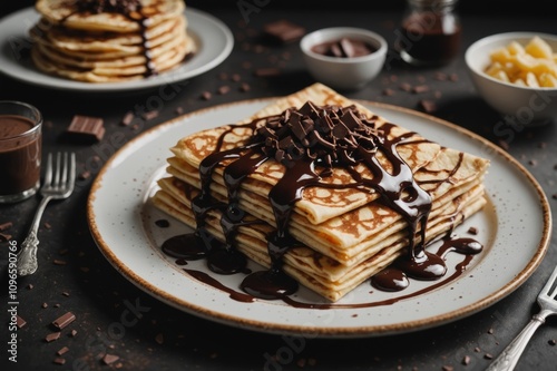 CrÃªpes drizzled with melted dark chocolate on a ceramic plate photo