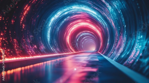 Futuristic neon tunnel with glowing lights and reflective surface.