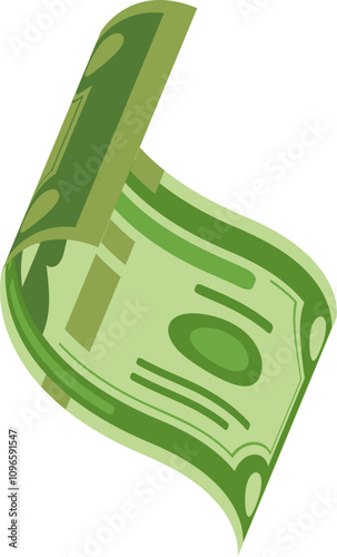 Stylized green banknote is floating and waving in the air, representing financial concepts such as income, investment, and economic growth