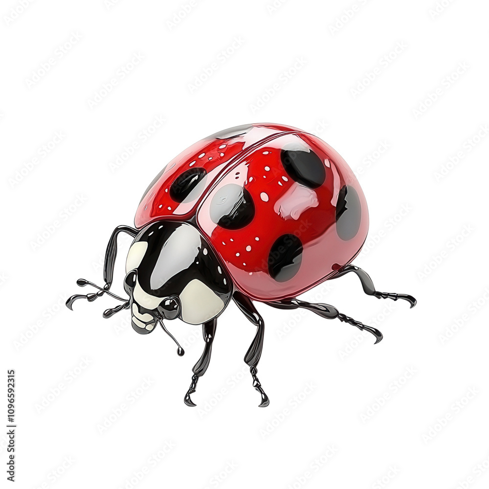 Fototapeta premium A vibrant, cartoon-style ladybug sits gracefully with its glossy red shell and distinct black spots, showcasing nature's beauty.