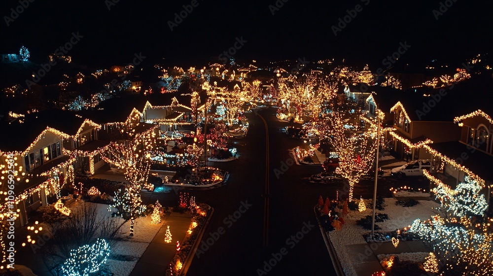 Fototapeta premium Festively Decorated Neighborhood with Holiday Lights at Night